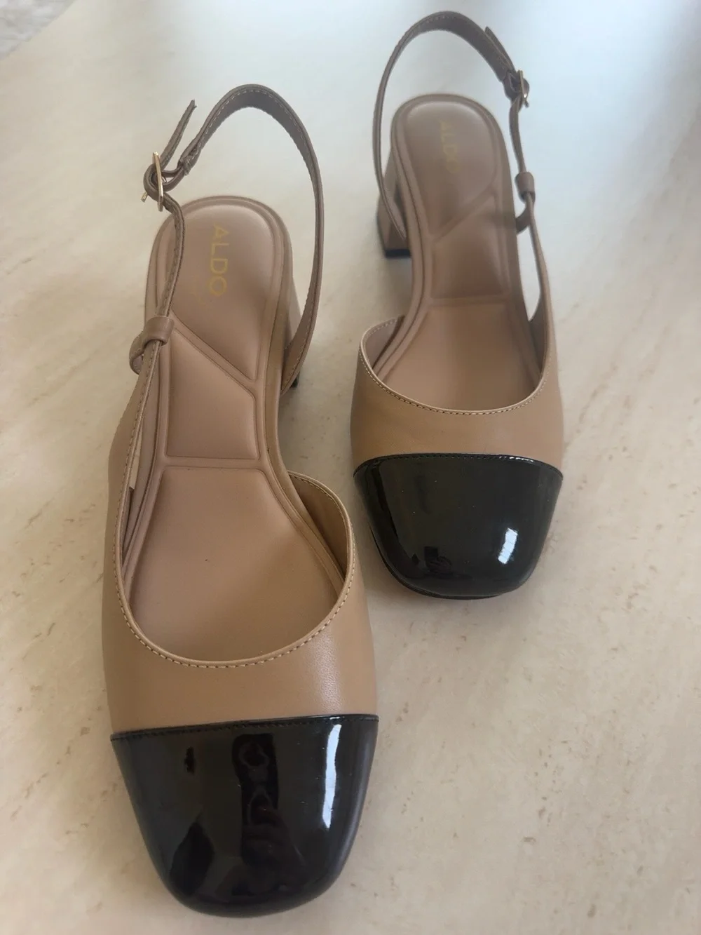 ALDO Tan Slingback Block Heels with Black Patent Cap Toe